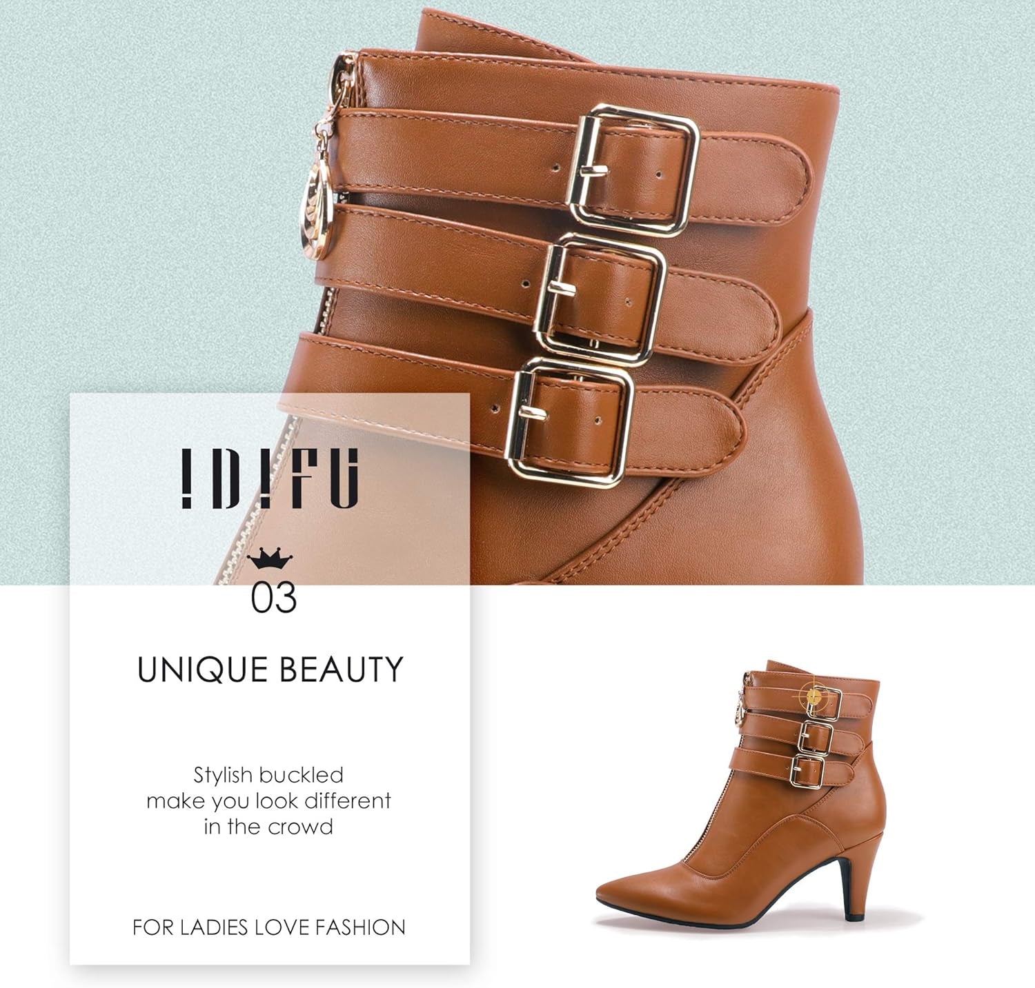 IDIFU Women'S Buckle Strap Ankle Booties 3 Inch Pointed Toe Zipper Heels Dress Jeans Boots