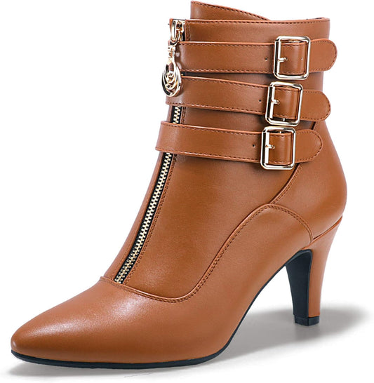 IDIFU Women'S Buckle Strap Ankle Booties 3 Inch Pointed Toe Zipper Heels Dress Jeans Boots