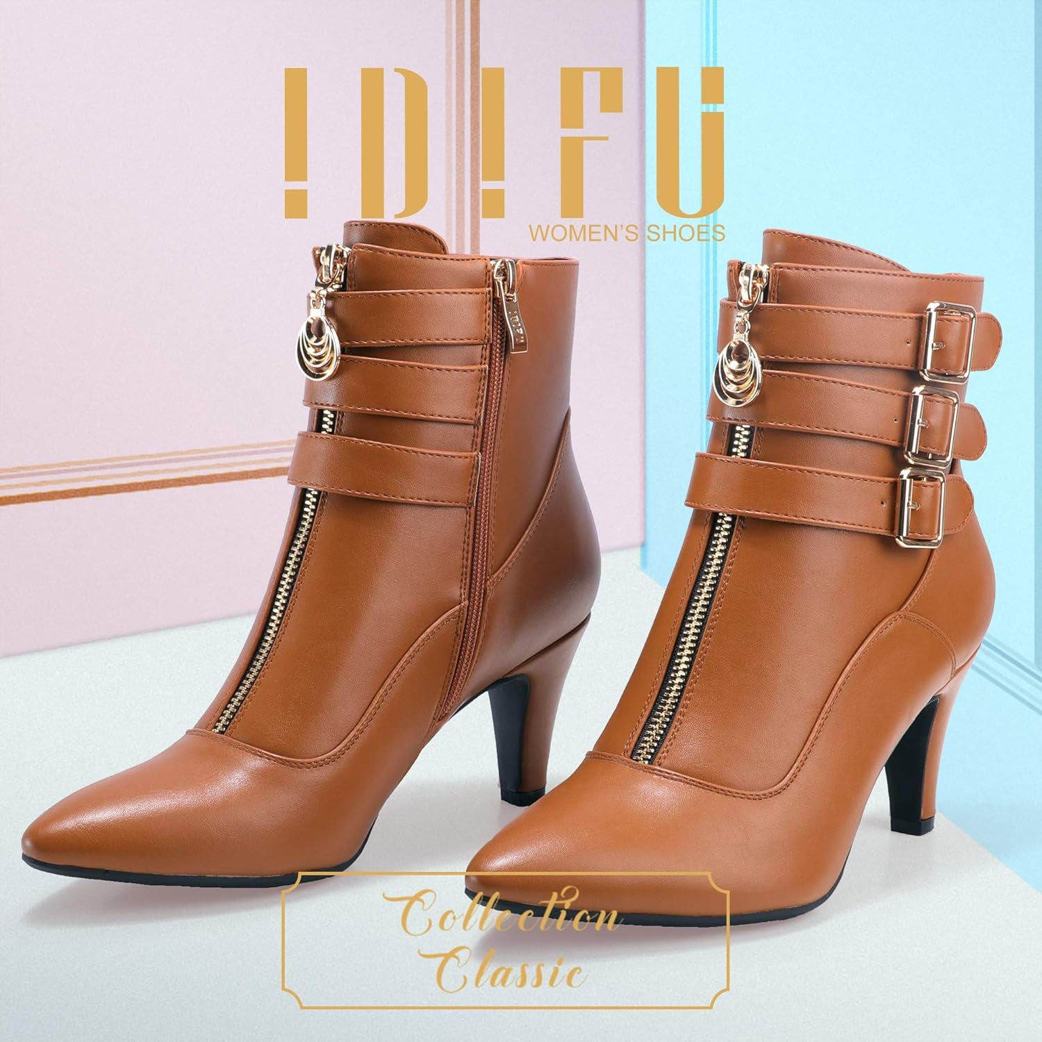 IDIFU Women'S Buckle Strap Ankle Booties 3 Inch Pointed Toe Zipper Heels Dress Jeans Boots