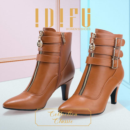 IDIFU Women'S Buckle Strap Ankle Booties 3 Inch Pointed Toe Zipper Heels Dress Jeans Boots