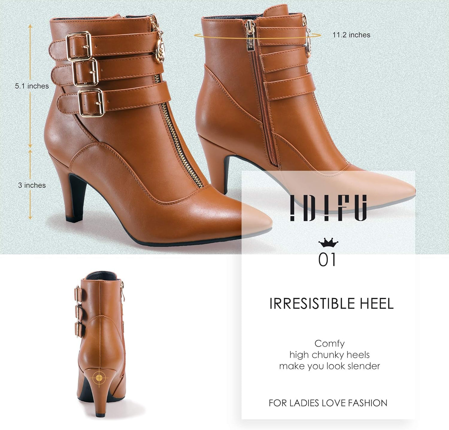 IDIFU Women'S Buckle Strap Ankle Booties 3 Inch Pointed Toe Zipper Heels Dress Jeans Boots