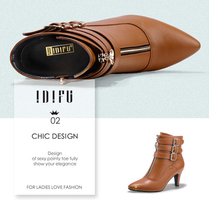 IDIFU Women'S Buckle Strap Ankle Booties 3 Inch Pointed Toe Zipper Heels Dress Jeans Boots