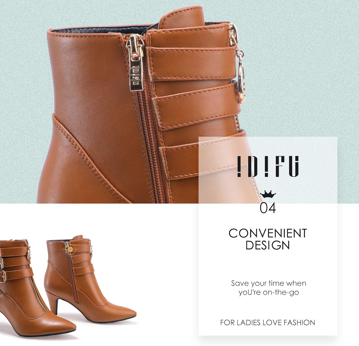 IDIFU Women'S Buckle Strap Ankle Booties 3 Inch Pointed Toe Zipper Heels Dress Jeans Boots
